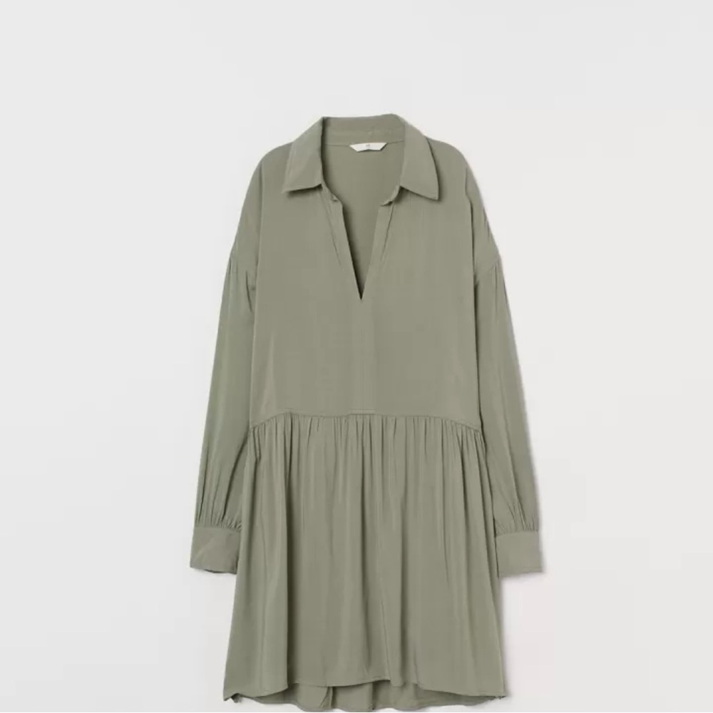 H&M Olive Green Bishop Sleeve Shirt Dress Size M